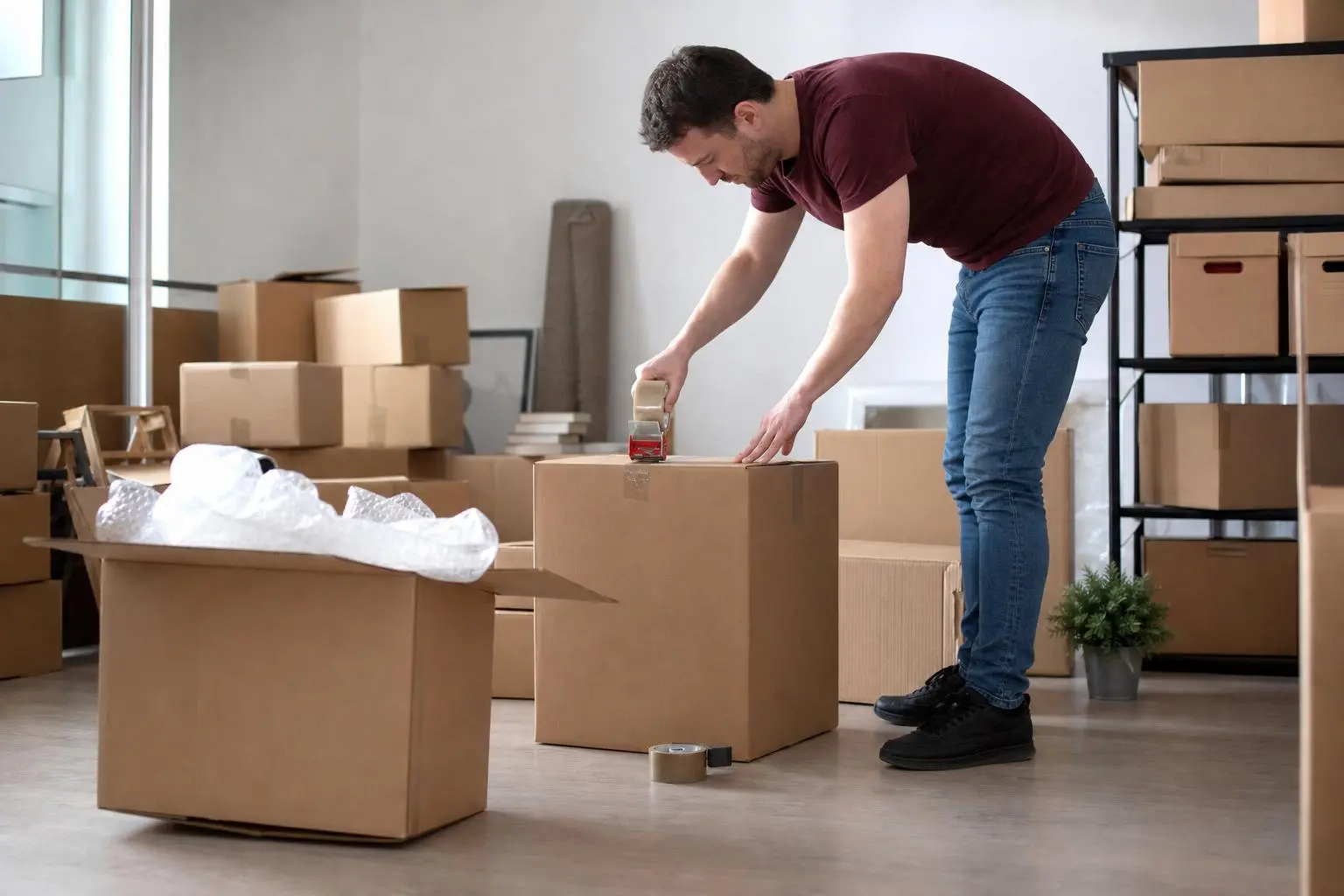 Homme déménageant des cartons dans un studio avec des boxes, ruban adhésif et matériel d’emballage, prêt à emménager à Orléans. déménager à orléans conseils.